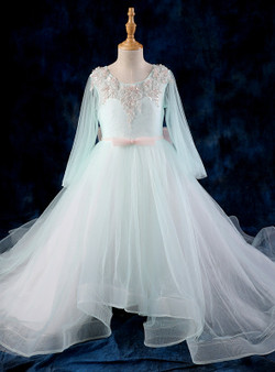 High Low Ball Gown Blue Flower Girl Dresses With Long Sleeve Tulle