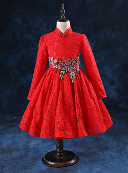 Red Lace High Neck Long Sleeve Embroidery Flower Girl Dress