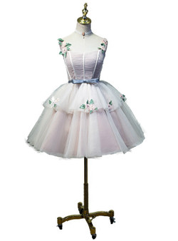 Pink Ball Gown Straps Tulle Appliques Homecoming Dress