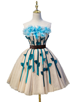 Champagne Strapless Tulle Flower Homecoming Dress 2018