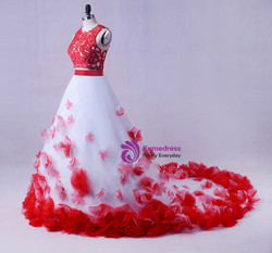 2017 White And Red Girls Flowers Vintage Lace Two Piece Prom Dress