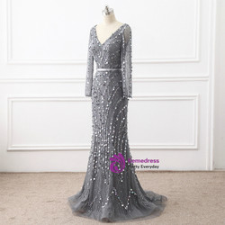 Heavy Beading Handmade Mermaid Long Sleeve Sexy V-neck evening party gown