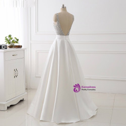 White Real Image Sparkly Beading Bodice Long Prom Party Gown Sexy Backless V Neck