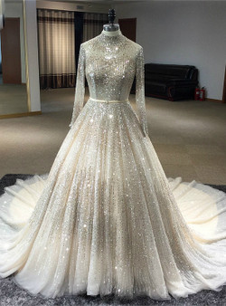 Ball Gowns Long Sleeves High-neck Hand Sewing Beaded Dress