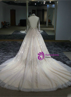 Ball Gowns Long Sleeves High-neck Hand Sewing Beaded Dress