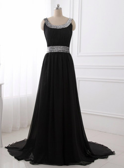 A Line Chiffon Scoop Neck Black Evening Dress Pleat Sequined Waist