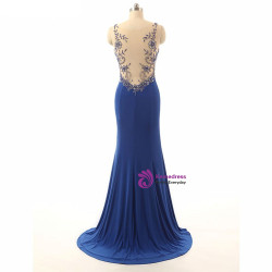 Royal Blue Beading Sheer Neck Mermaid Illusion Dress