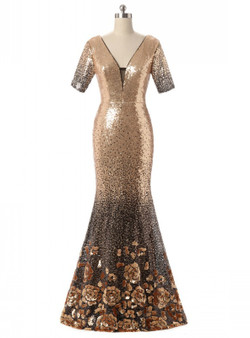 In Stock:Ship in 48 hours Mermaid Short Sleeve Gold Prom Dress
