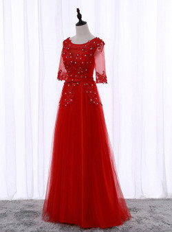 In Stock:Ship in 48 hours  A-Line Red Half Sleeve Prom Dress