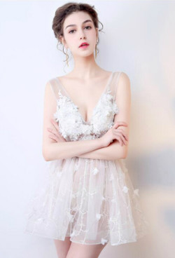 In Stock:Ship in 48 hours V-neck White Mini Allure See Through