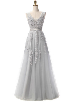 In Stock:Ship in 48 hours Grey Long Lace Appliques Prom Dresses
