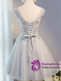 In Stock:Ship in 48 hours Gray V-neck Homecoming Dress