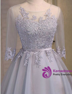 In Stock:Ship in 48 hours Gray 3/4 Sleeve Homecoming Dress