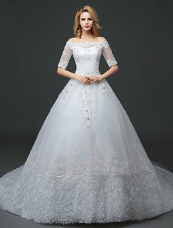 In Stock:Ship in 48 hours Short Sleeve Tulle Wedding Dress