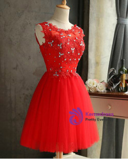 In Stock:Ship in 48 hours Red Tulle Appliques Homecoming Dress