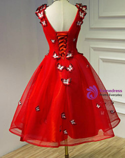 In Stock:Ship in 48 hours Red V-neck Organza Homecoming Dress