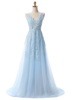 In Stock:Ship in 48 hours Light Blue Lace Beading Backless Prom Dress