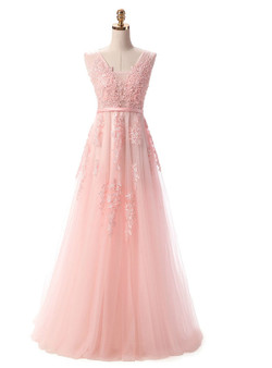 In Stock:Ship in 48 hours Pearl Pink Lace Backless Prom Dress