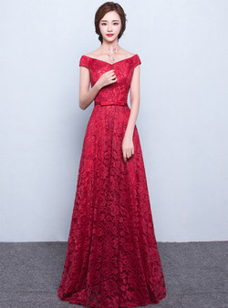 In Stock:Ship in 48 hours Red Long Lace Evening Dress Floor-length