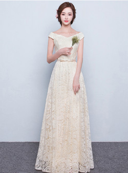 In Stock:Ship in 48 hours Beige Long Lace Evening Dress Floor-length