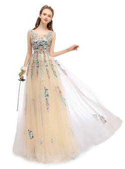 In Stock:Ship in 48 hours Champagne Lace Embroidery Sleeveless Floor-length