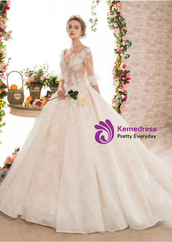 V-neck Ball Gown Backless Short Sleeve Luxury Haute Couture Wedding Dresses