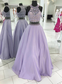Lavender Lace Beaded High Neck Two-Piece Long Prom Dress