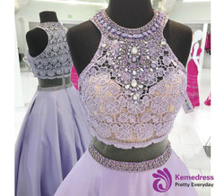 Lavender Lace Beaded High Neck Two-Piece Long Prom Dress