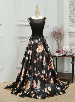 In Stock:Ship in 48 hours A-line Black Print Prom Dress