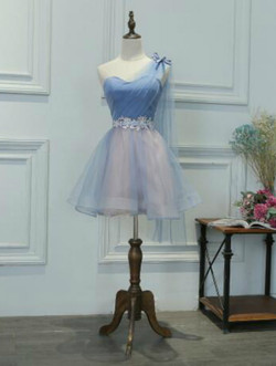 In Stock:Ship in 48 hours One Shoulder Blue Tulle Homecoming Dress