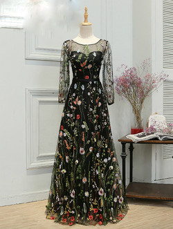 In Stock:Ship in 48 hours Black Print Long Sleeve Prom Dress