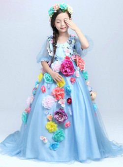 Ball Gown Blue Tulle Flower Long Sleeve Flower Girl Dress