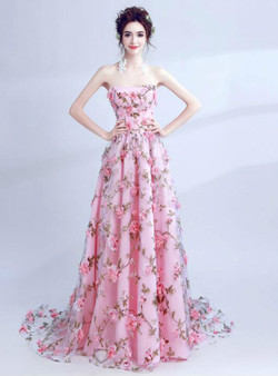 In Stock:Ship in 48 hours A-Line Strapless Pink Tulle Appliques Prom Dress