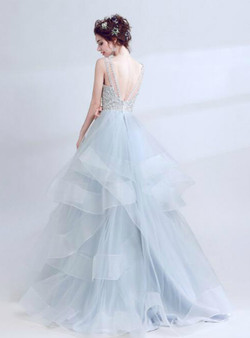 In Stock:Ship in 48 hours Ball Gown Gray Tulle Beading Backless Prom Dress