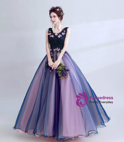 In Stock:Ship in 48 hours A-Line V-neck Tulle Blue Backless Prom Dress