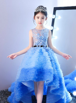 Blue Hi Lo Tulle Ruffles Appliques Flower Girl Dress