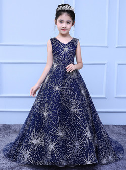 Big Girl Blue Tulle Bling Bling Sequins Flower Girl Dress