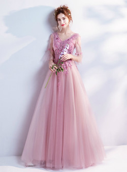 In Stock:Ship in 48 hours A-line Pink Tulle V-neck Backless Appliques Prom Dress