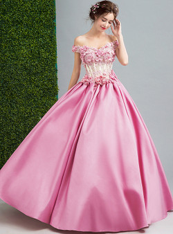 In Stock:Ship in 48 hours Pink Satin Off The Shoulder Wedding Dress
