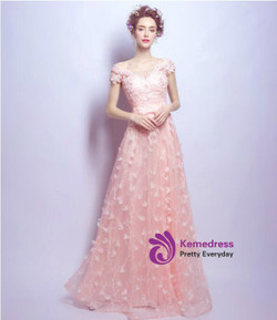 In Stock:Ship in 48 hours Pink Appliques Tulle Wedding Dress