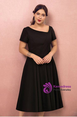 Plus Size Black Satin Tea Length Asymmetrical Neck Prom Dress