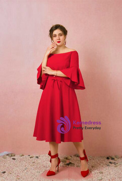 Plus Size Red Satin Off The Shoulder Tea Length Prom Dress