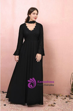 Plus Size Black Long Sleeve Lace V-neck Prom Dress