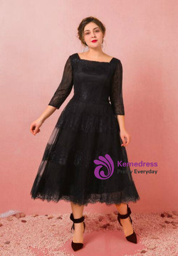 Plus Size 4/3 Sleeve Black Lace Tea Length Prom Dress