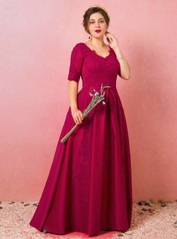 Plus Size Burgundy Satin Appliques Short Sleeve Long Prom Dress