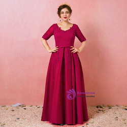 Plus Size Burgundy Satin Appliques Short Sleeve Long Prom Dress