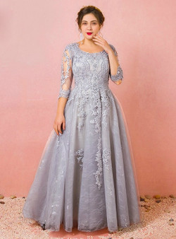 Plus Size Gray 3/4 Sleeve Tulle Appliques Prom Dress