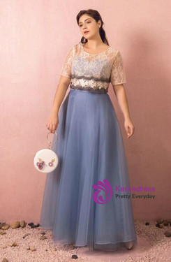 Plus Size Blue Tulle Lace Appliques Prom Dress