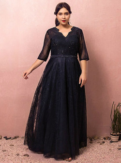 Plus Size Blue Tulle Half Sleeve Backless Prom Dress