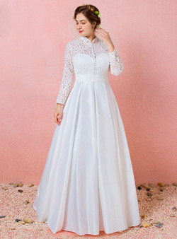 Plus Size Long Sleeve Lace Satin High Neck Wedding Dress